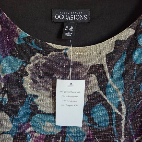 Susan Graver Occasions Foil Printed Knit Tie-Sleeve Blouse Top Plum/Teal 3X NWOT - Picture 9 of 11